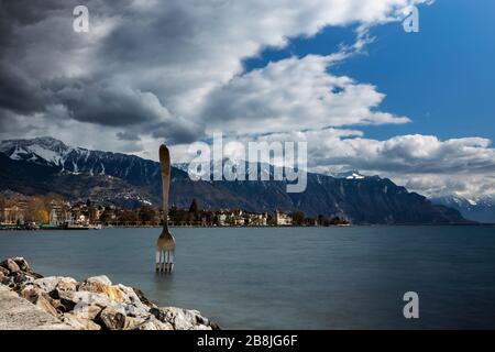 Stadtansicht und Gabel vom Alimentarium in Vevey Schweiz Stockfoto