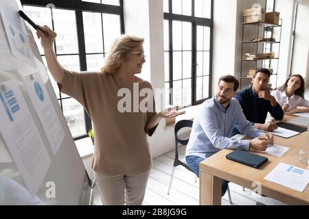 Die selbstbewusste leitende Geschäftsfrau präsentiert das Projekt auf dem Whiteboard Stockfoto