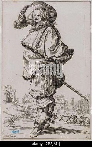 Der Adel, der Gentleman in Pelz Bib. Sechste Nummer einer Folge von 12 Stücken (Lieure 554, Meaume 678) Jacques Callot (1592-1635). "La Noblesse, Le Gentilhomme au plastron de fourrure. sixième numéro d'une Suite de 12 pièces' (Lieure 554, Meaume 678). Eau-forte. 1ère moitié du XVIIème siècle. Musée des Beaux-Arts de la Ville de Paris, Petit Palais. Stockfoto