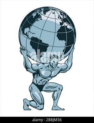 Atlas oder Titan kniend, der die Erdkugel auf dem Rücken hochhebt. Bodybuilder. Stilisierte Vektorgrafiken. Stock Vektor