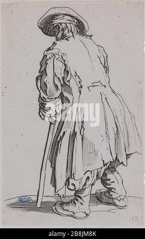 Die Bettler, der alte Bettler mit einer einzigen Krücke. Siebzehnte Nummer einer Sequenz von 25 Stück (Lieure 495 Meaume 701) Jacques Callot (1592-1635). "Les Gueux, Le Vieux mendiant à une seule béquille. Dix-septième numéro d'une Suite de 25 pièces' (Lieure 495, Meaume 701). Eau-forte. 1622-1623. Musée des Beaux-Arts de la Ville de Paris, Petit Palais. Stockfoto