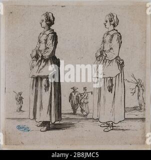 Verschiedene Figuren, der Bauer wandte sich nach links, die Hände ruhen auf der anderen. Neunte Nummer einer Folge von 16 Stück (Lieure 206, Meaume 733) Jacques Callot (1592-1635). "Figures variées, La Paysanne tournée à gauche, les mains appuyées l'une sur l'autre. Neuvième numéro d'une Suite de 16 pièces' (Lieure 206, Meaume 733). Eau-forte. 1ère moitié du XVIIème siècle. Musée des Beaux-Arts de la Ville de Paris, Petit Palais. Stockfoto