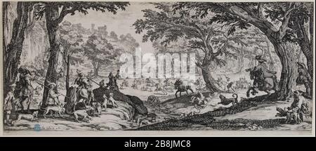Große Jagd (Lieure 353 Meaume 711) Jacques Callot (1592-1635). "La Grande chasse" (Lieure 353, Meaume 711). Eau-forte. 1ère moitié du XVIIème siècle. Musée des Beaux-Arts de la Ville de Paris, Petit Palais. Stockfoto