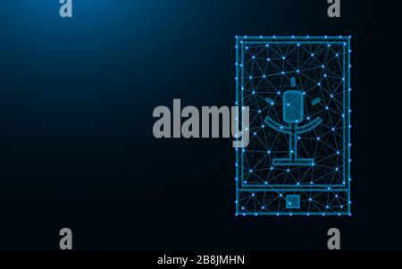 Sprachsuche auf dem Telefon aus Punkten und Linien auf dunkelblauem Hintergrund, Wireframe-Netz Polygonalvektor-Abbildung des Mobiltelefons Stock Vektor