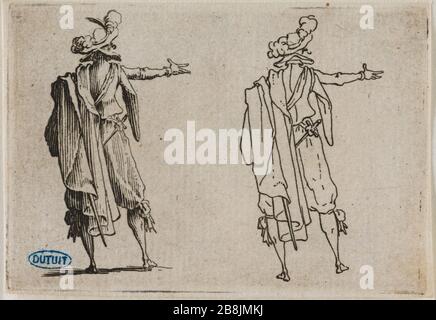 Die Caprices, Mann von hinten gesehen, die ausgestreckte rechte Hand. Achtzehnte Zahl in Folge von 50 Stück geätzt Florenz (Lieure 231, Meaume 802) Jacques Callot (1592-1635). "Les Caprices, L'Homme vu de dos la main droite tendue. Dix-huitième numéro de la Suite de 50 pièces gravée à Florence' (Lieure 231, Meaume 802). Eau-forte. 1617. Musée des Beaux-Arts de la Ville de Paris, Petit Palais. Stockfoto