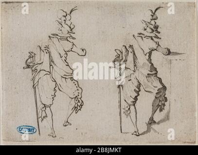 Die Caprices, Mann von hinten mit einem großen Schwert gesehen. Siebzehnte Nummer in Folge von 50 Stück geätzt Florenz (Lieure 230 Meaume 800) Jacques Callot (1592-1635). "Les Caprices, L'Homme vu de dos avec une grande épée. Dix-septième numéro de la Suite de 50 pièces gravée à Florence' (Lieure 230, Meaume 800). Eau-forte. 1617. Musée des Beaux-Arts de la Ville de Paris, Petit Palais. Stockfoto