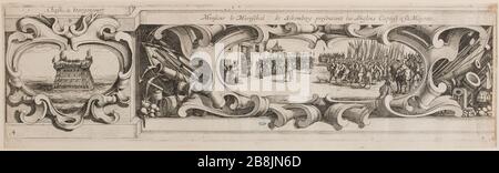 Belagerung von La Rochelle, dem ersten Rand der linken unteren Ecke, Präsentation englischer Gefangener (Lieure 661 Meaume 515) Jacques Callot (1592-1635). "iège de La Rochelle, première bordure du BAS à gauche, La présentation des prisonniers anglais" (Lieure 661, Meaume 515). Eau-forte. 1629-1630. Musée des Beaux-Arts de la Ville de Paris, Petit Palais. Stockfoto