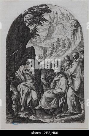 Tabellen von Rom, der heilige Jerome, der seine Schüler in der Wüste Jacques Callot (1592-1635) anwies. "Les tableaux de Rome, Saint Jérôme instruisant ses Disciples dans le désert". Burin. 1608-1611. Musée des Beaux-Arts de la Ville de Paris, Petit Palais. Stockfoto