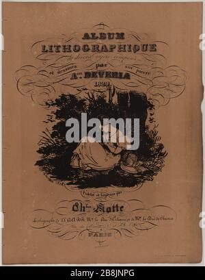 Lithografische Alben verschiedener Verbindungen und Themen, die von Achille Deveria von 1829 auf Stein gezeichnet wurden. Junge Frau, die unter einem Baum sitzt und eine Mütze liest, die neben ihr auf den Boden gelegt wurde. (Titelseite) Achille Deveria (1800-1857). Album lithographique de divers sujet composés et dessinés sur pierre. Jeune femme assise au pied d d'un arbre, lisant, un chapeau posé à terre à côté d'elle (Seite de couverture). Lithographie su Papier beige, 1829. Paris, musée Carnavalet Stockfoto