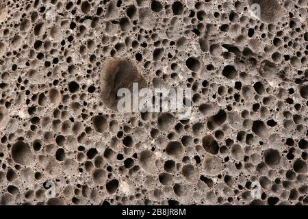 Oberfläche aus braunem Bimsstein - Nahaufnahme. Pümice braune Schwammtextur für Körperwäsche. Hochauflösendes Foto. Volle Schärfentiefe. Stockfoto