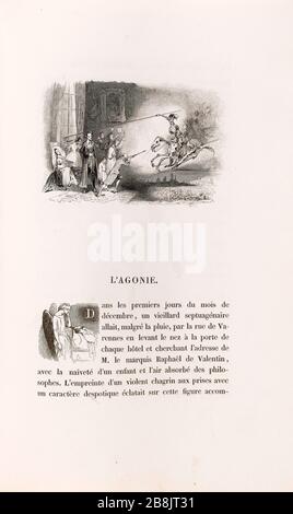 [Engel, der eine sterbende Anonyme sicherstellt. 'La Peau de chagrin', roman d'Honoré de Balzac (1799-1850), édition illustrie. "Ange veillant un moribond". Tiefdruck sur acier. Edition H. Delloye et Victor Lecou, im Jahr 1838. Paris, Maison de Balzac. Stockfoto