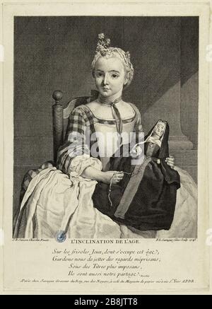 Die Neigung des Alters nach Chardin (Boerre 25, Mariannes Roland Michel XXVI S. 278) Pierre-Louis de Surugue (1710-1772a). L'Inklination de l'âge d'après Chardin (Bocher 25; Mariannes Roland Michel XXVI S. 278). Burin, 1743. Musée des Beaux-Arts de la Ville de Paris, Petit Palais. Stockfoto