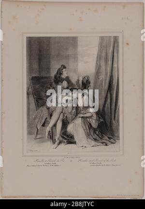 Album lithographiert von Deveria, in Gihaut in Paris und in London Tilt, 1834. Fenella und Peveril vom Gipfel Achille Deveria (1800-1857), Gihaut frères und Charles Tilt. Album lithographié. Fenella et Pévéril du Pic, personnages du roman "Peveril du Pic", de Walter Scott (1771-1832). Lithographie, 1834. Paris, musée Carnavalet. Stockfoto