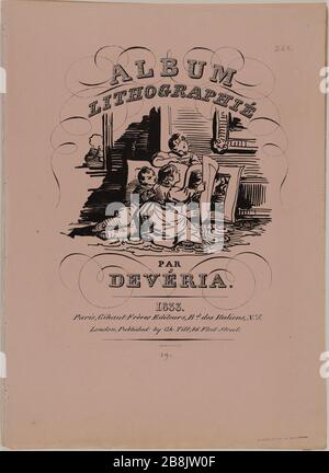 Album lithographiert von Deveria, in Gihaut in Paris und in London Tilt, 1834. Drei Kinder, die durch ein Buch-Titelblatt Achille Deveria (1800-1857), Gihaut frères und Charles Tilt blättern. Album lithographié. Trois enfants feuilletant un livre (Seite de couverture). Lithographie, 1834. Paris, musée Carnavalet. Stockfoto