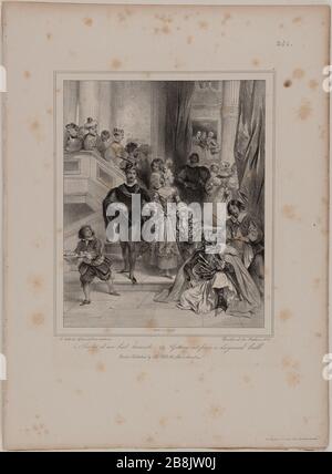 Album lithographiert von Deveria, in Gihaut in Paris und in London Tilt, 1834. Aus einem Kugeltransvestit heraus - aus einem verkleideten Ball heraus Achille Deveria (1800-1857), Gihaut frères und Charles Tilt. Album lithographié. Sortie d'un bal travesti. Lithographie, 1834. Paris, musée Carnavalet. Stockfoto