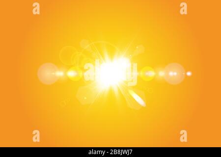 Warme Sonne auf gelbem Hintergrund. Sommer. Blendung. Sonnenstrahlen. Stock Vektor