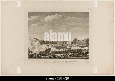 Salvo feuerte den Waffenplatz der Artillerie in Versailles, die Ankündigung der Abreise der königlichen Familie nach Paris, 6. Oktober 1789. 30. Tabelle (nummeriert Nº39) historische Tabellen der französischen Revolution (1791-186) . (Dummy-Titel) Stockfoto