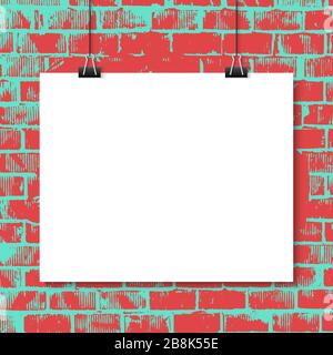 Poster verspotten Sie realistisch.Poster, das an einem Faden mit schwarzem Clip hängt. Verspotten Sie sich. Portfolio Presentation Concept.hängendes Whitepaper auf Wandhintergrund Stock Vektor