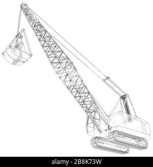 Dragline-Walking-Bagger. Vektordarstellung von 3d. Drahtmodell. Die Ebenen der sichtbaren und unsichtbaren Linien werden getrennt. Stock Vektor