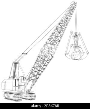 Dragline-Walking-Bagger. Vektordarstellung von 3d. Drahtmodell. Die Ebenen der sichtbaren und unsichtbaren Linien werden getrennt. Stock Vektor