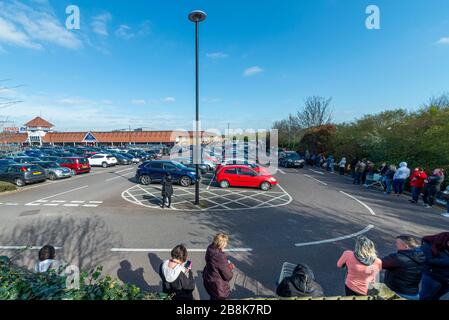 Tesco Supermarkt in Southend on Sea mit einer riesigen Anzahl von Käufern, die morgens Schlange stehen. Panik beim Einkauf. Schlange rund um den Ladenparkplatz Stockfoto