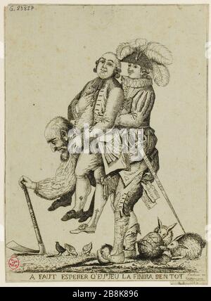 Französische Revolution. Altes Regime. Cartoon zu den drei Anordnungen: Der dritte Staat, der den Klerus und den Adel zurückführt. 1789. (TF) Stockfoto