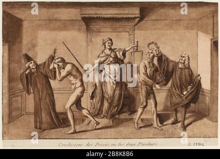 Cartoon auf der Chicane. Gerichtsverderben unter dem alten Regime. Französische Revolution, 1789. Die Gerechtigkeit gibt einen liliierenden zurück und krönt einen anderen Charakter. (Dummy-Titel) Stockfoto