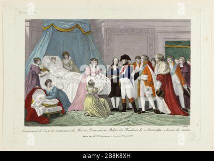 Fest der Geburt des Königs von Rom, im Palais des Tuileries, 20. März 1811-9 Uhr Anonyme. "Cérémoniary de l'acte de naissance du Roi de Rome, au Palais des Thuileries, le 20 mars 11 - 9 heures du matin". Eau-forte coloriée. Paris, musée Carnavalet. Stockfoto