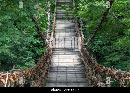 Hängebrücke aus Bergreben, Präfektur Fukui, Japan. Die Brücke ist an beiden Enden an hohen Zedernbäumen verankert und hat Stahlseile versteckt Stockfoto