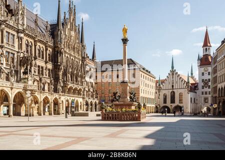 Bayern-München-Deutschland, 22. März 2020: Leere Straßen am Marienplatz, München wegen Abschaltung wegen Corona-Virus Stockfoto