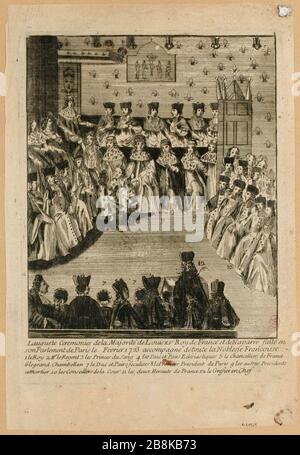 Die augustfeierlichkeiten der Mehrheit von Louis XV, König von Frankreich und Navarra machten sie im Februar 1723 zum Parlament von Paris [...] (TI) Stockfoto