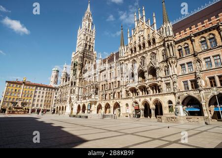 Bayern-München-Deutschland, 22. März 2020: Leere Straßen am Marienplatz, München wegen Abschaltung wegen Corona-Virus Stockfoto