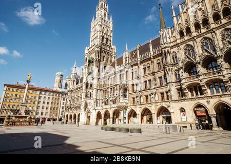 Bayern-München-Deutschland, 22. März 2020: Leere Straßen am Marienplatz, München wegen Abschaltung wegen Corona-Virus Stockfoto