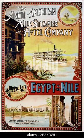Frühe Bootstour, Dampfschiff oder Cruiser auf dem Nil Ägypten durch den angloamerikanischen Nildampfer und die Hotel Company. Vintage-Poster, alte Werbung oder Illustration Anfang des 20. Stockfoto
