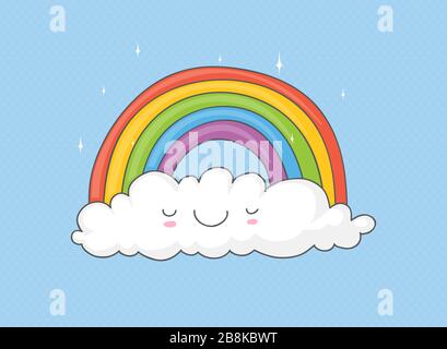 Süße und kindliche Zeichnung eines Regenbogens auf einer lächelnden Wolke für Kinder Stock Vektor