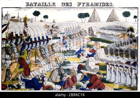 Schlacht der Pyramiden Ägypten (von 1798) alias Schlacht von Embabeh während der französischen Invasion Ägyptens unter Napoleon Bonaparte. Die Schlacht war Teil der französischen Revolutionskriege und war ein entscheidender französischer Sieg gegen die osmanische Armee. c 19. Gravur. Stockfoto