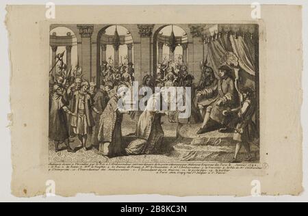 Das Publikum, das der König in Versailles dem außerordentlichen Botschafter der ottonischen Tür Mahmout, dem Türkenkönig im Januar 1742 Crépy, gegeben hatte. "à Versailles par le Roi Louis XV à l'ambassadeur extraordinaire de la porte Ottomane, envoyé par Mahmout, Empereur des Turcs en janvier 1742". Eau-forte. Paris, musée Carnavalet. Stockfoto