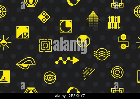 Hipper-Illustration auf schwarzem Hintergrund. Designelement wiederholen. Modernes Memphis-Minimal-geometrisches Muster. Textiles Design. Banner, Postervorlage. Verzierung. Stock Vektor