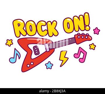 Helle Cartoon E-Gitarre Zeichnung mit coolen Musiknoten und Stars im Comic-Stil und Text Rock On! Einfache, niedliche Vektorgrafiken für Rock-n-Roll-Musik Stock Vektor