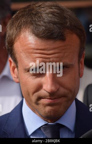 Im August 2018 besuchte Emmanuel Macron das Unternehmen Léa Nature und die Stadt La Rochelle in Frankreich. Stockfoto