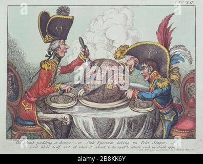 The plumb-Pudding in Danger, or State Epicures Taking un Petit Souper James Gillray (1757-1815). "The plumb-Pudding in Danger, or State Epicures Taking un Petit Souper". Estampe. Paris, musée Carnavalet. Stockfoto