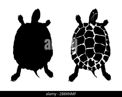 Europäische Teichschildkröte schwarze Silhouette (auch Europäische Teichschildkröte), isoliert auf weißem Grund. Stock Vektor