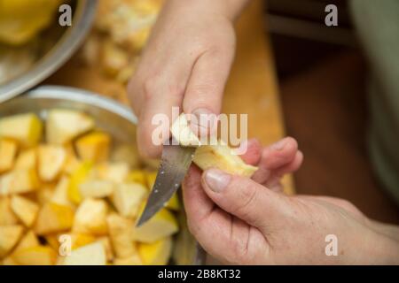 Quince Fruit mit Händen auf hellem Hintergrund mit Platz für eine Beschriftung geschält. Frau schält Quitte . Stockfoto