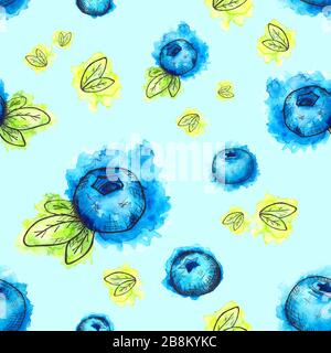 Nahtloses Muster aus handgezeichneten, wasserfarbigen Blaubeeren und Stockfoto