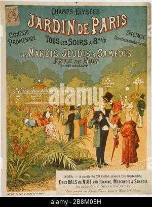 GARDEN PARIS KONZERT FAHRT, SHOW, UNTERHALTUNG VERSCHIEDENE, PARTY-NACHT EMILE LEVY. "Jardin de Paris, Konzert, Promenade, Spektakel, Divertissements Variés, Fête de Nuit". Affiche. Lithographie couleur. Paris, musée Carnavalet. Stockfoto