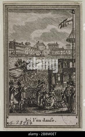 HIER TANZEN WIR "BASTILLE FÖDERATION: BAL AUF DEN RUINEN DER BASTILLE gegeben, NÄCHTE VOM 18. BIS 20. Juli, 'ICI l'on danse' Fédération Bastille : donné sur les rubal de la Bastille, nuits du 18 au 20 juillet, 1701". Eau-forte, 1714. Paris, musée Carnavalet. Stockfoto