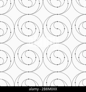 Abstraktes, nahtloses Muster von verbindenden Kreisen und abgerundeten Linien. Moderne, elegante Textur. Linearer Stil. Spiralelemente. Punkte in Knoten. Vektor. Stock Vektor