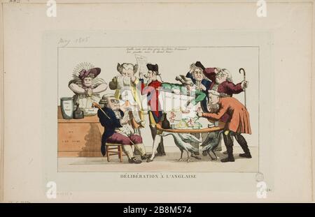 Beratung in englischer Sprache Anonyme. 'Délibération à l'anglaise'. Eau-forte coloriée, 1805. Paris, musée Carnavalet. Stockfoto