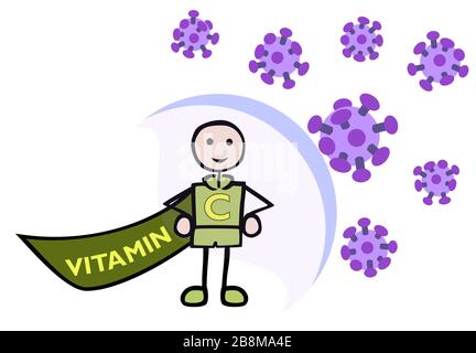 Concept Health Vitamin c Green Superheld gegen einen Virusangriff durch Jziprian abgeschirmt Stock Vektor