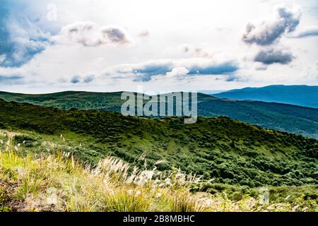 Straße von Widełki durch Bukowe Berdo und Tarnica nach Wołosate im Bieszczady-Gebirge in Polen Stockfoto